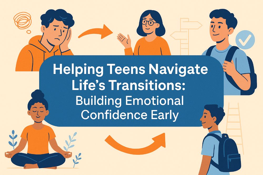 Illustration showing teens and parents building emotional resilience, mindfulness, and confidence during school transitions, supporting teen mental health and growth.